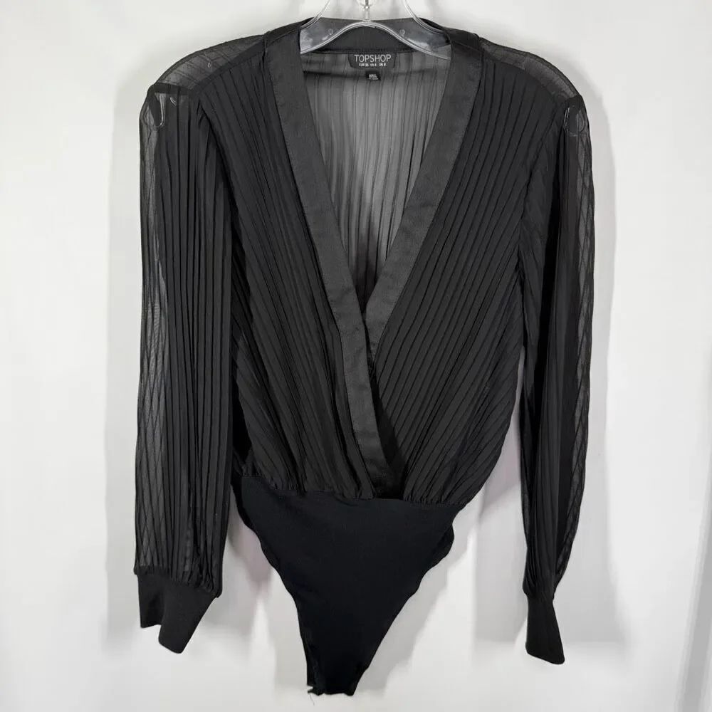 B12 Topshop Women black sheer pleated long sleeve bodysuit size 4